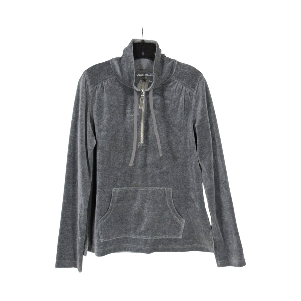 EDDIE BAUER Gray VELOUR 1/4 Zip KANGAROO POCKET Pleated Detail SWEATSHIRT/TOP M